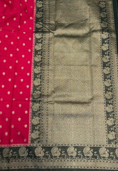 Tussar Linen Saree-Rani Pink in Traditional Peacock Floral Zari with Contrast Border