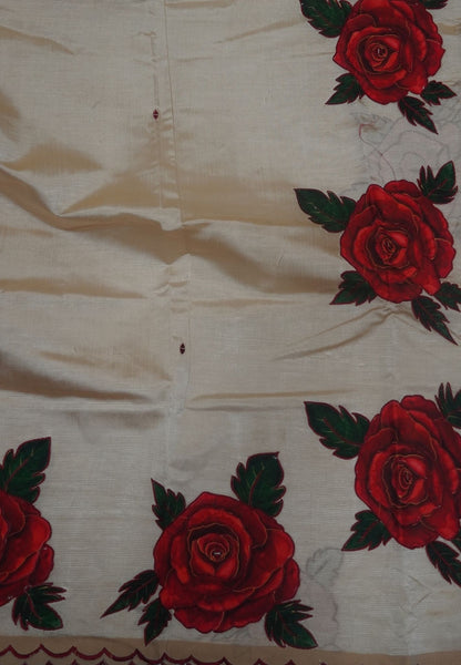 Pure Mangalgiri Silk Saree-Beige with Appliqué Work