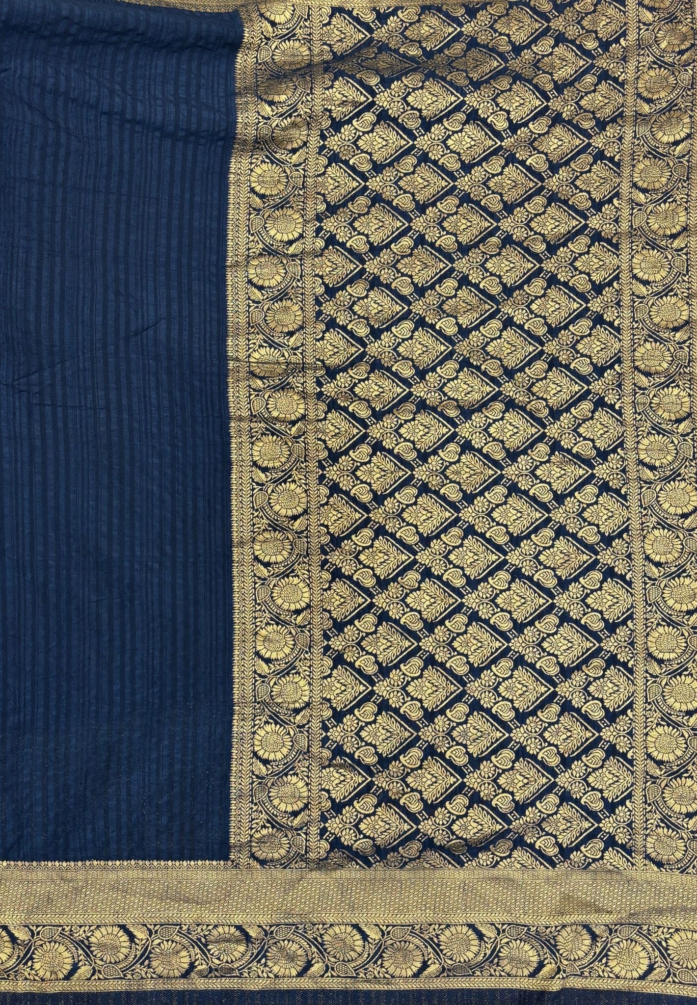 Banarasi Georgette Saree-Dark Peacock Blue In Floral Jaal Zari Border