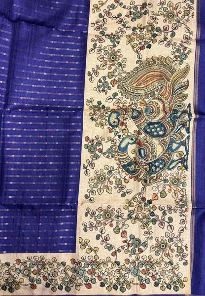 Semi Tussar Saree-French Blue in Kalamkari Peacock Floral Border