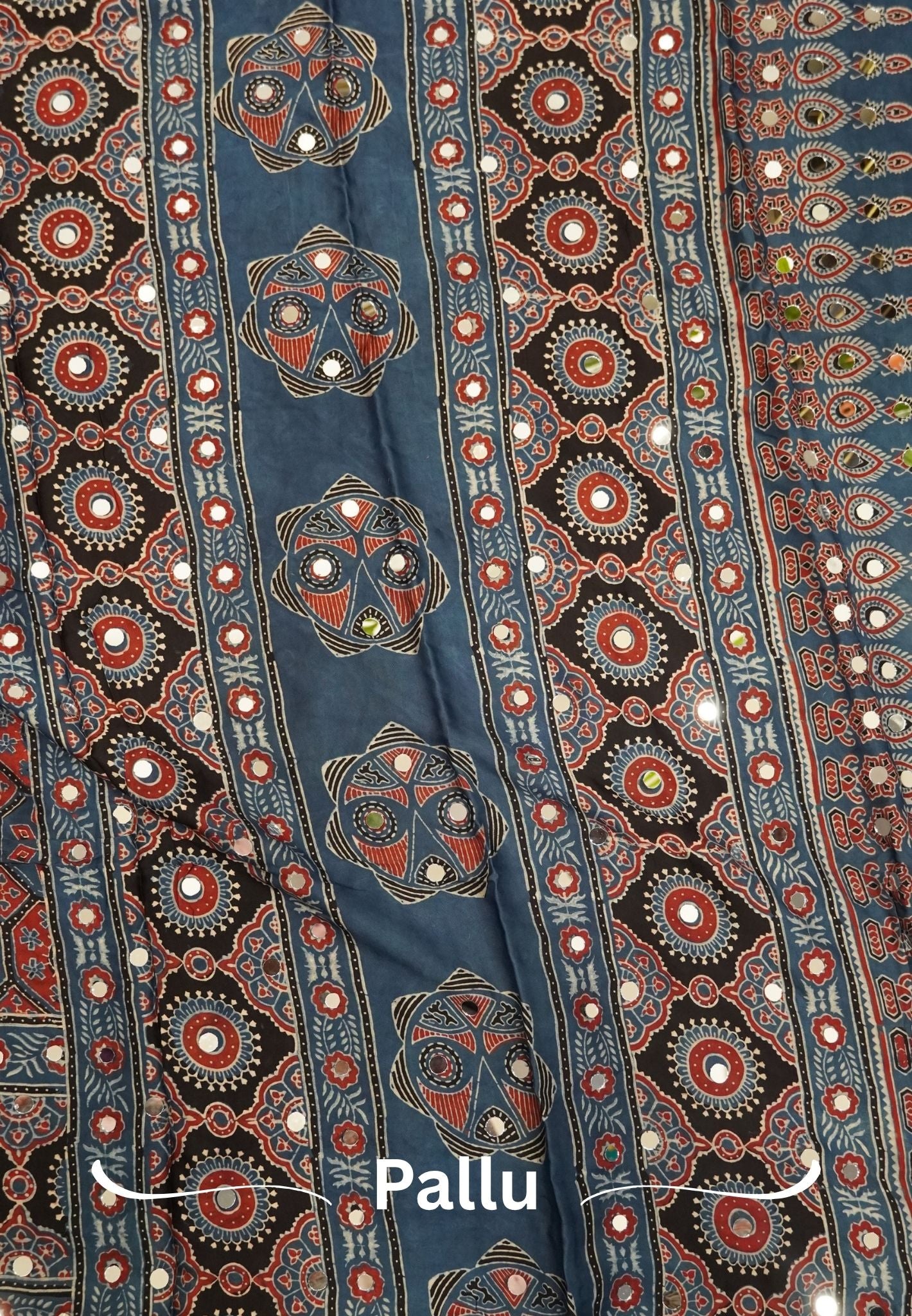 Pure Modal Silk Saree-Original Mirror Work &Traditional Printed Motifs - Black with Sky Blue