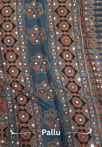 Pure Modal Silk Saree-Original Mirror Work &Traditional Printed Motifs - Black with Sky Blue