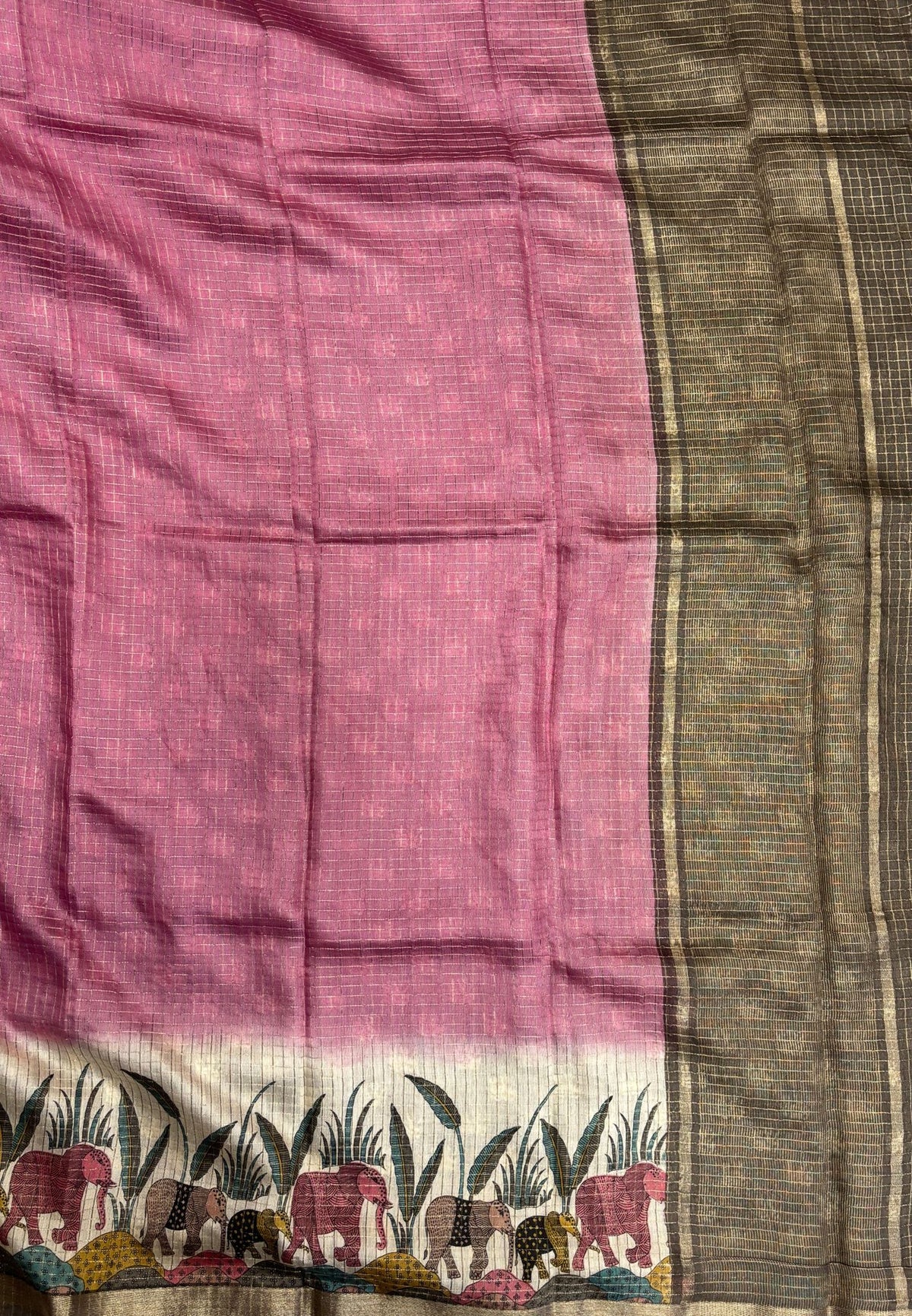 Chanderi Saree-Onion Pink in Elephant Checks Border