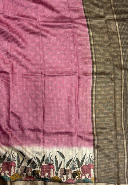 Chanderi Saree-Onion Pink in Elephant Checks Border