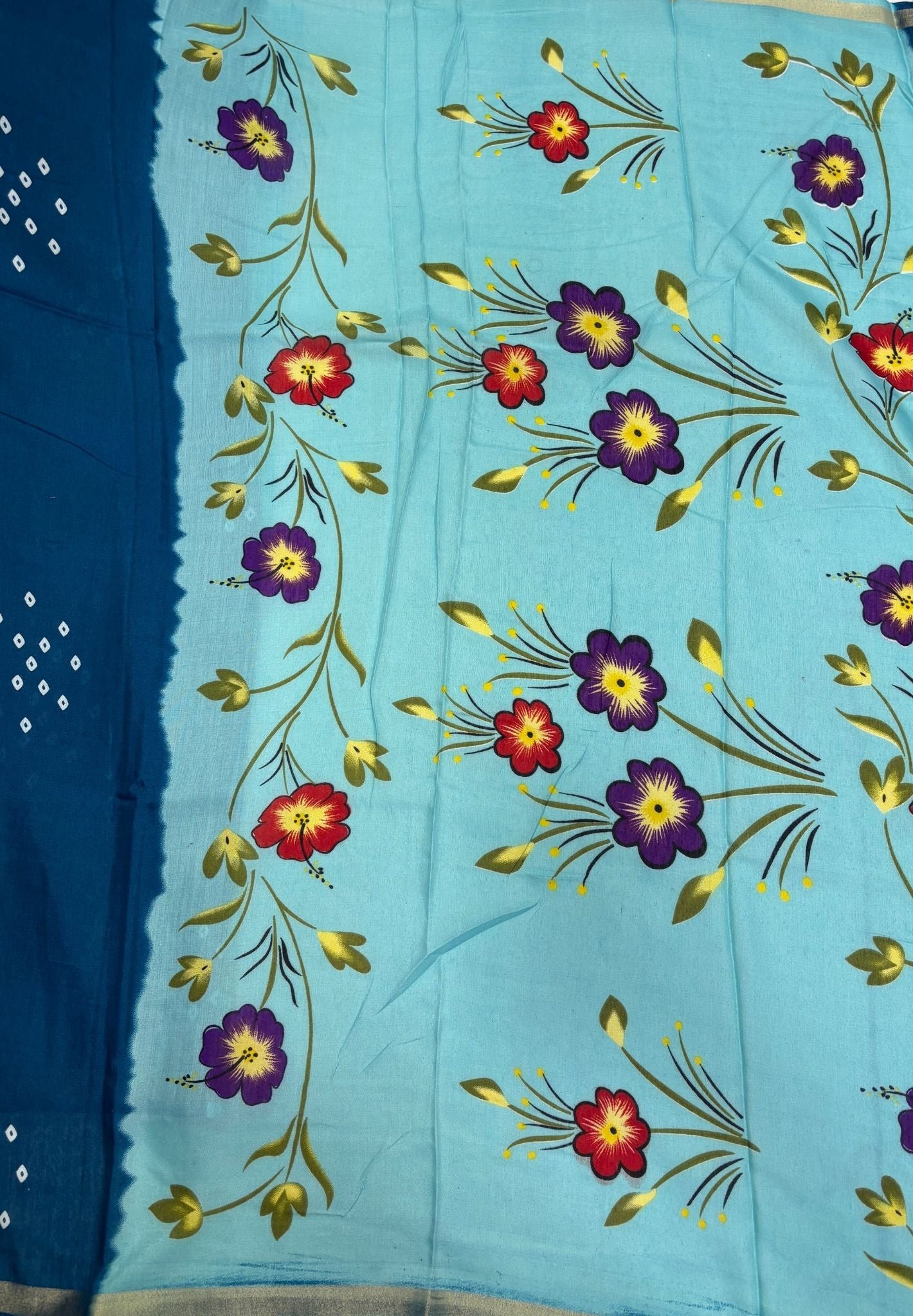 Malai Cotton Saree - Peacock Blue with Bandhini Print