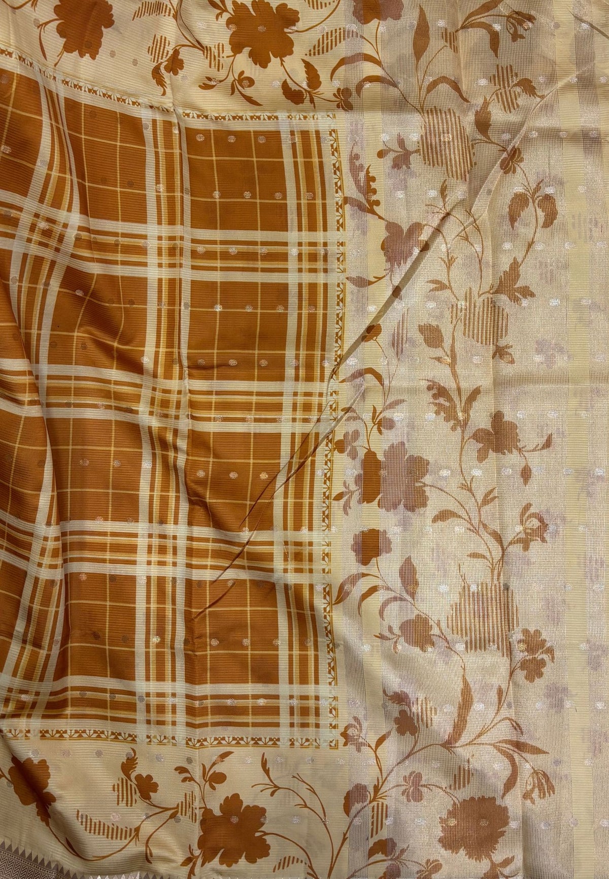 Soft Tussar Saree-Mustard In Hibiscus Floral Border