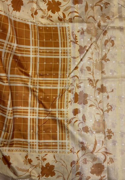 Soft Tussar Saree-Mustard In Hibiscus Floral Border