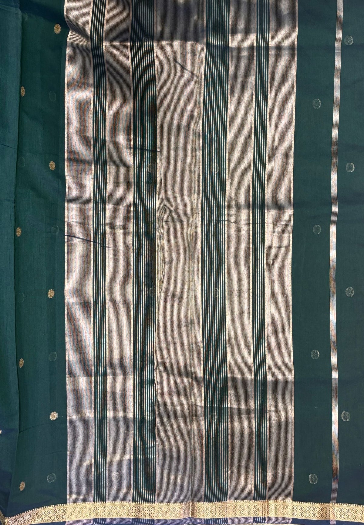 Semi Maheswari Saree-Peacocok Green In Multi-Stripe Zari Border