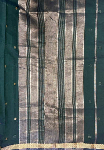 Semi Maheswari Saree-Peacocok Green In Multi-Stripe Zari Border