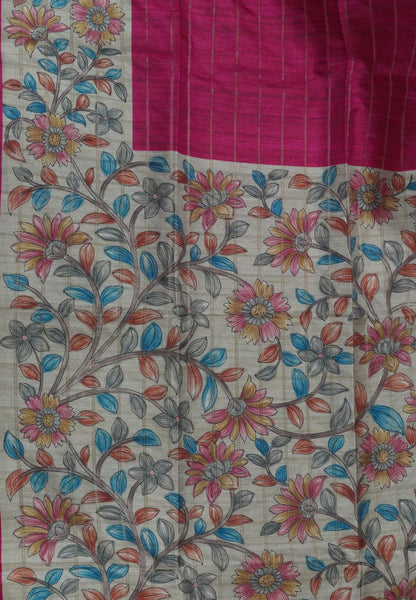 Semi Tussar Saree-Dark Pink