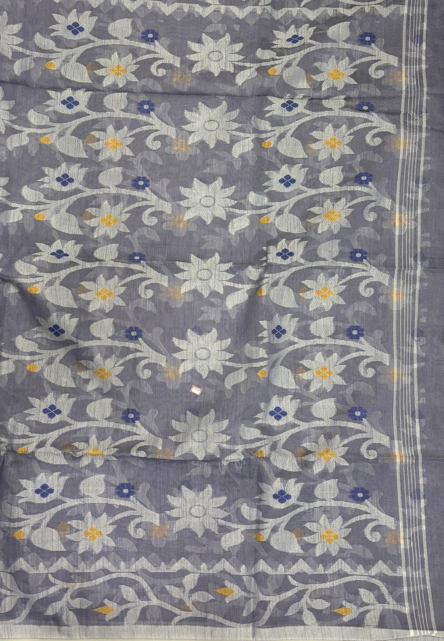Dhakai Jamdhani Cotton Saree-Greyish In Floral Vine Zari Border