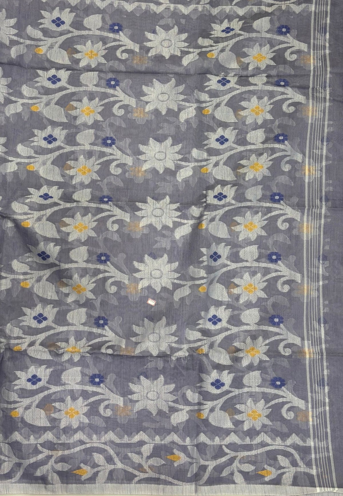 Dhakai Jamdhani Cotton Saree-Greyish In Floral Vine Zari Border