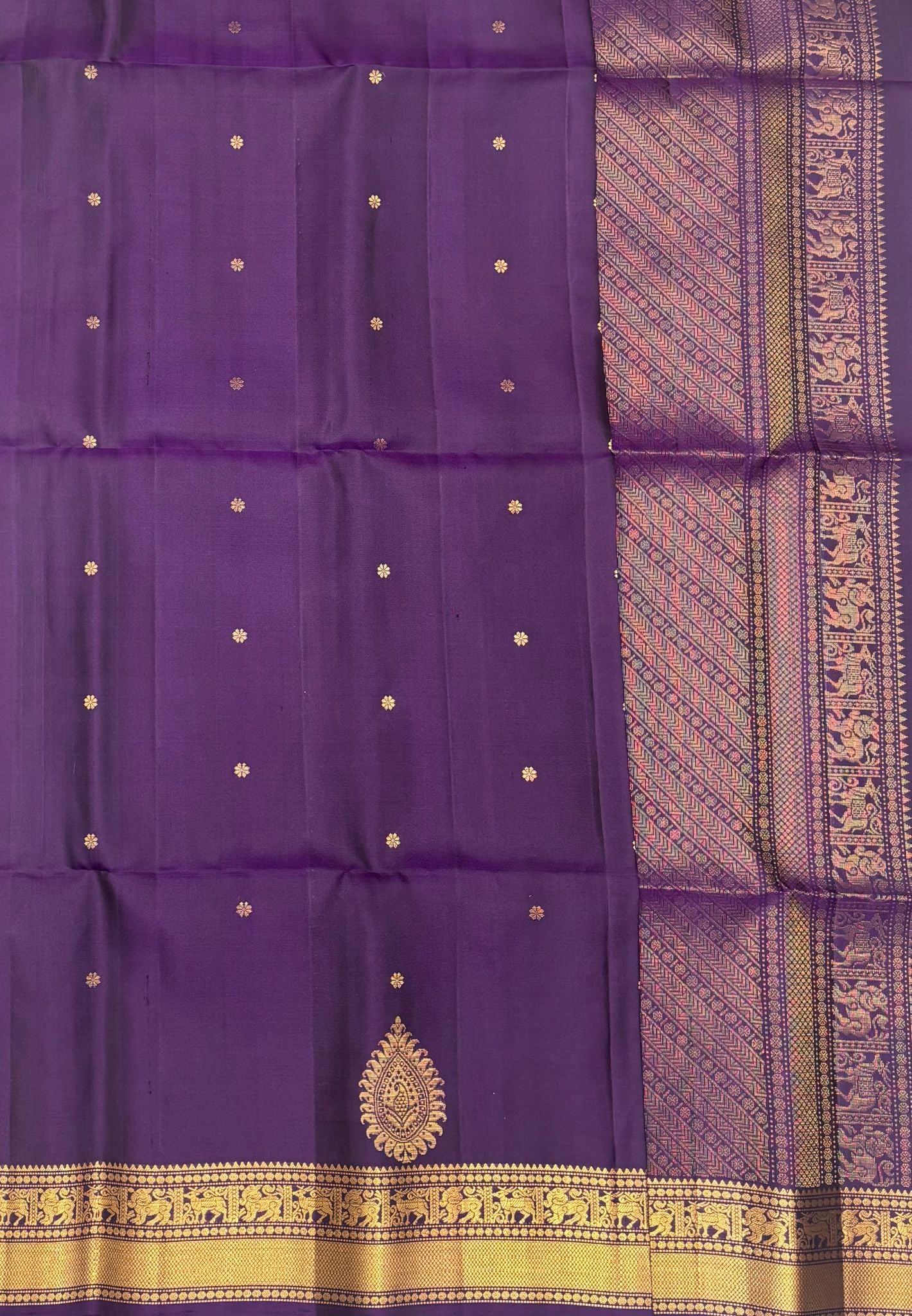 Pure Kanchipuram Silk Saree-Dark Purple In Deer & Yali Zari Border