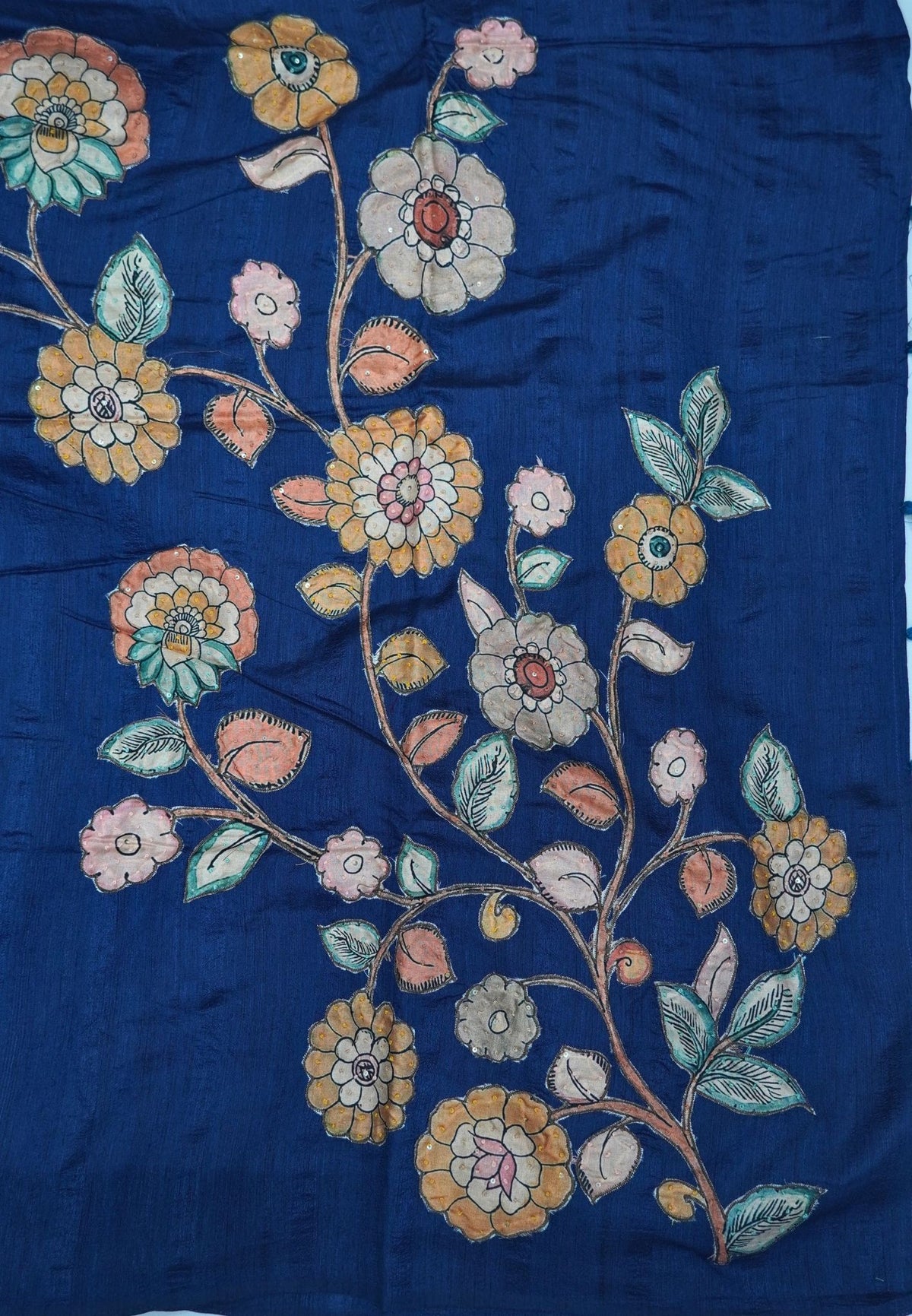 Semi Raw Silk Saree - Navy Blue With Floral Hand-Painted Designs