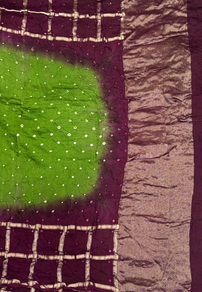 Banarasi Bandeji Saree-Olive Green in Zari Checks with Contrast Border