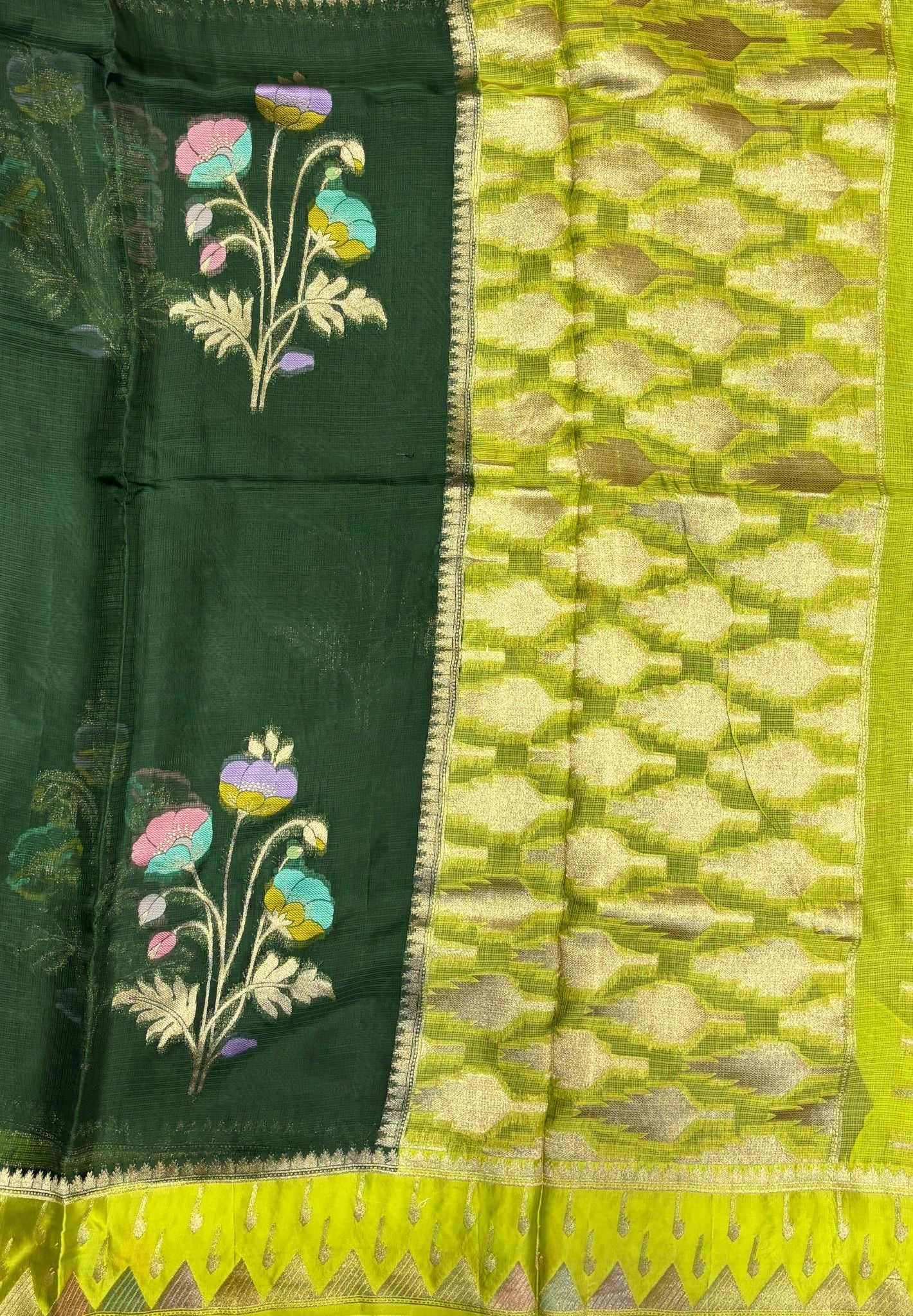 Silk Kota Saree-Bottle Green in Traditional Ikat-Inspired Zari Border