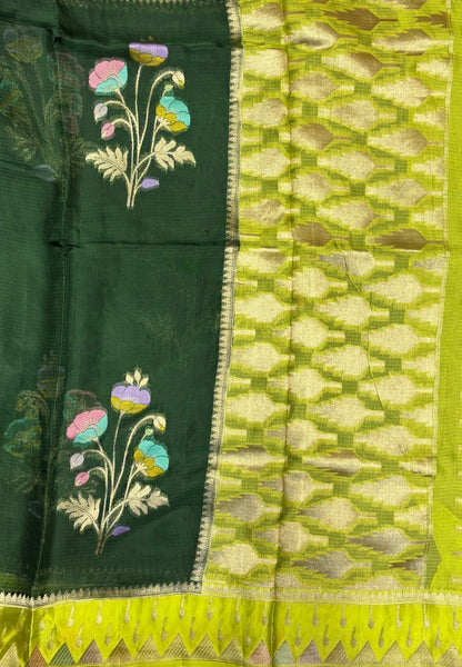 Silk Kota Saree-Bottle Green in Traditional Ikat-Inspired Zari Border