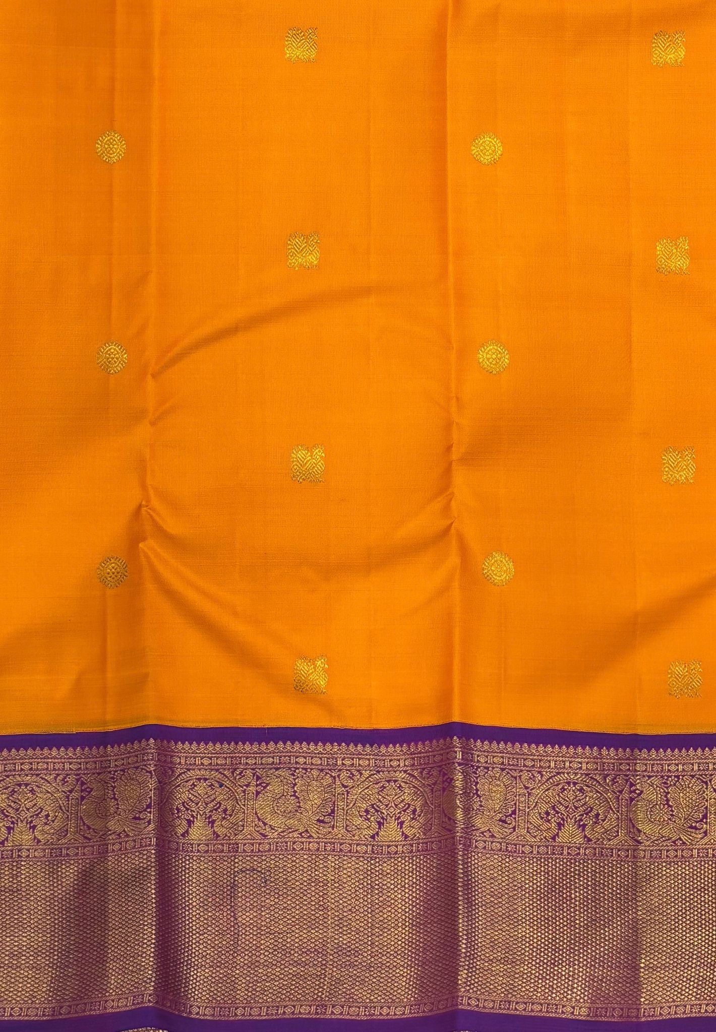 Pure Kanchipuram Silk Saree-Mango Yellow-Purple In Paisley Floral Zari with Contrast Border
