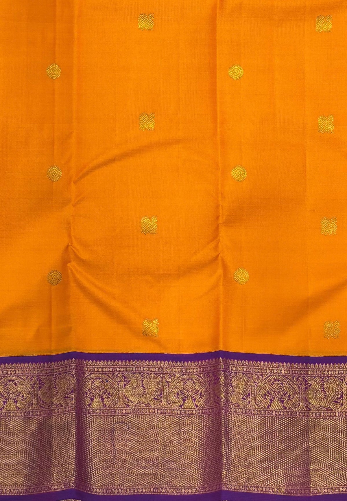 Pure Kanchipuram Silk Saree-Mango Yellow-Purple In Paisley Floral Zari with Contrast Border