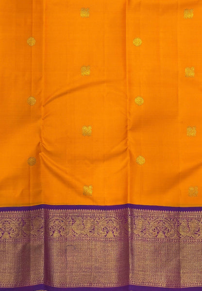 Pure Kanchipuram Silk Saree-Mango Yellow-Purple In Paisley Floral Zari with Contrast Border