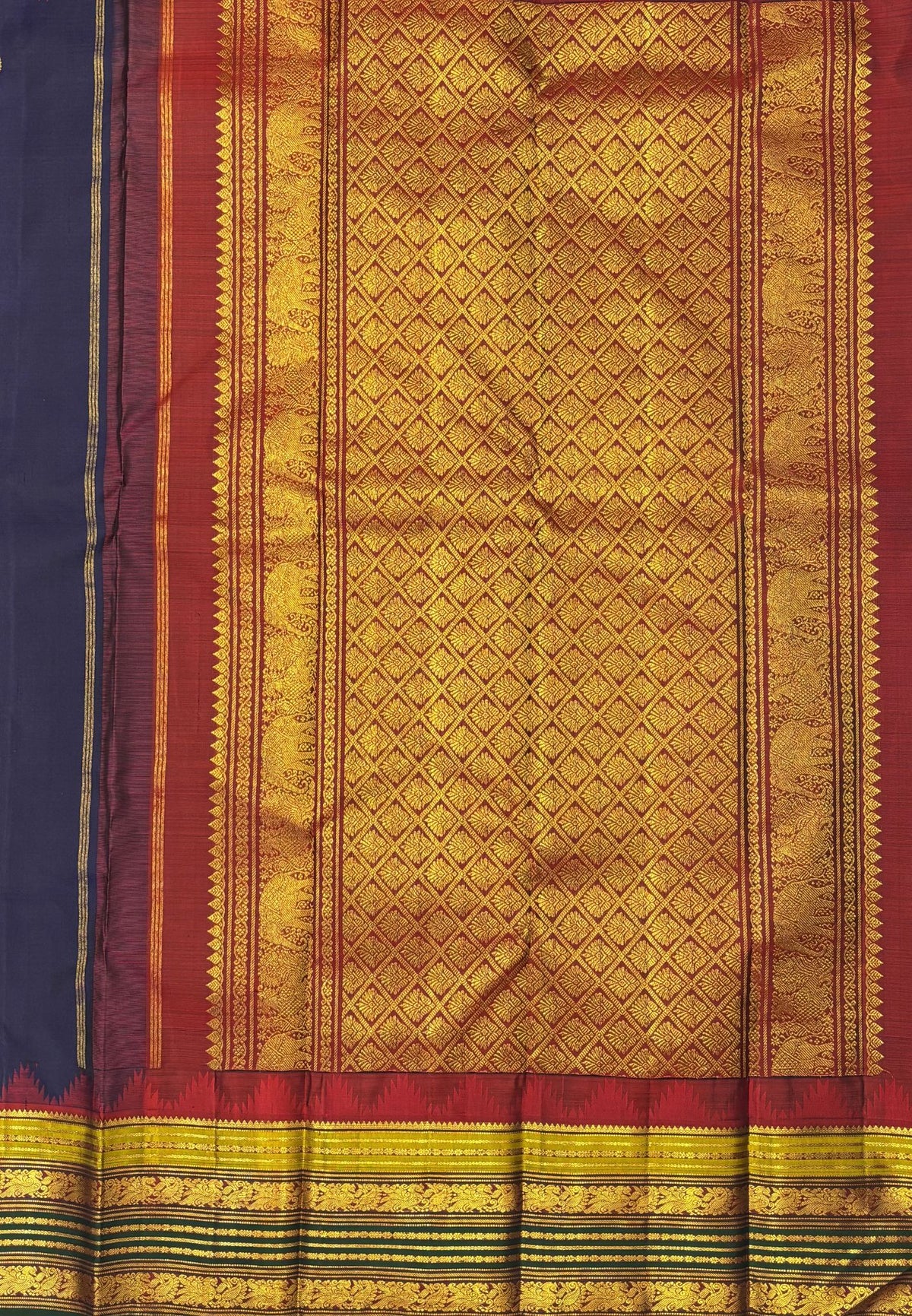 Pure Kanchipuram Silk Saree-Navy Blue In Diamond Jaal Zari Border