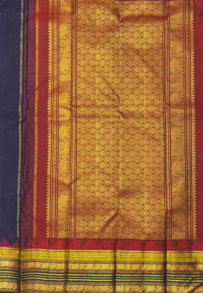 Pure Kanchipuram Silk Saree-Navy Blue In Diamond Jaal Zari Border