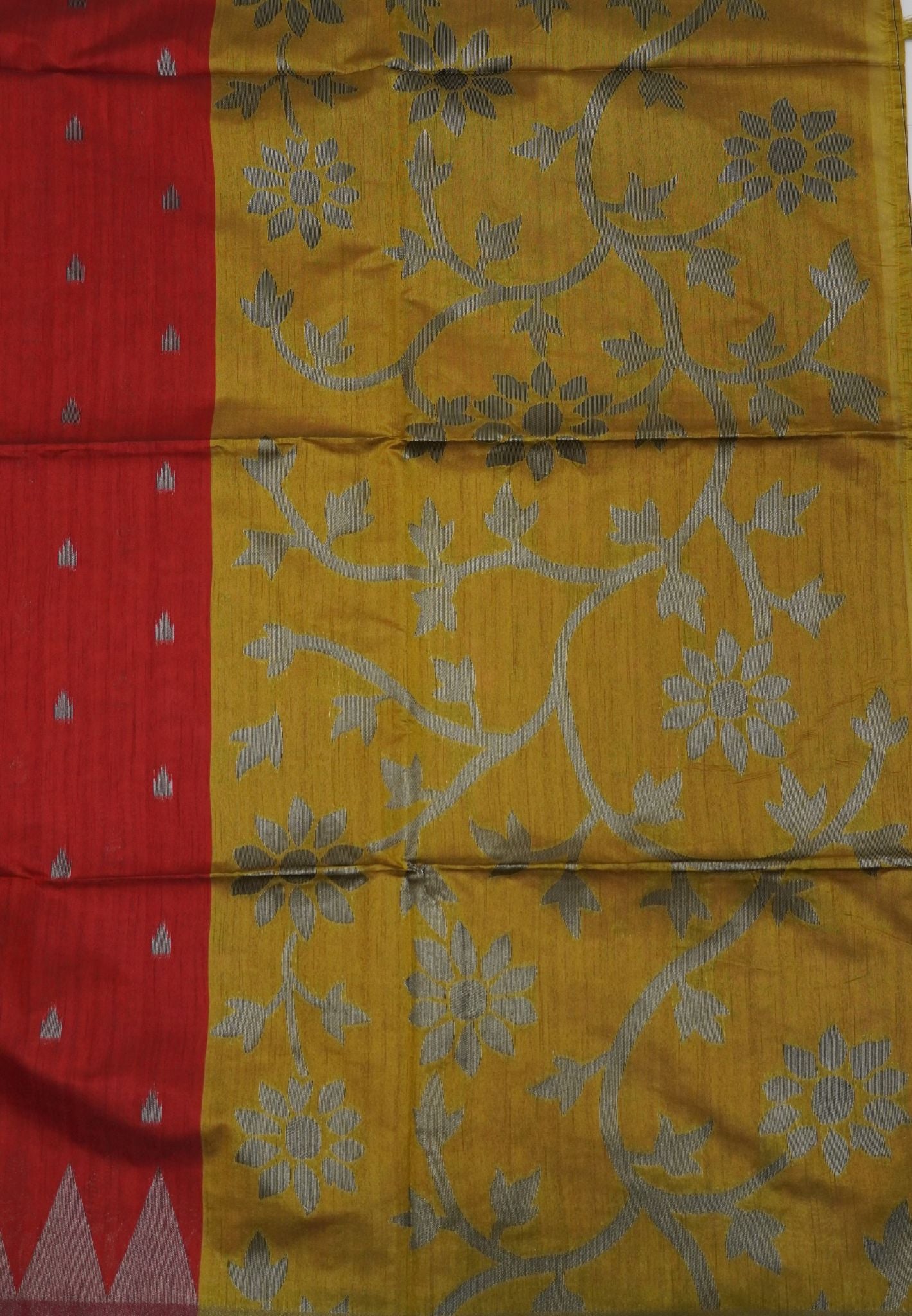 Semi Raw Silk Saree-Red in Antique Silver Zari Butta with Tower Border