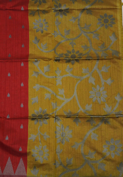 Semi Raw Silk Saree-Red in Antique Silver Zari Butta with Tower Border