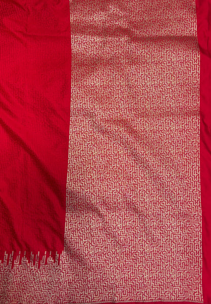 Crepe Silk Saree-Red In Geometric Maze Zari Border