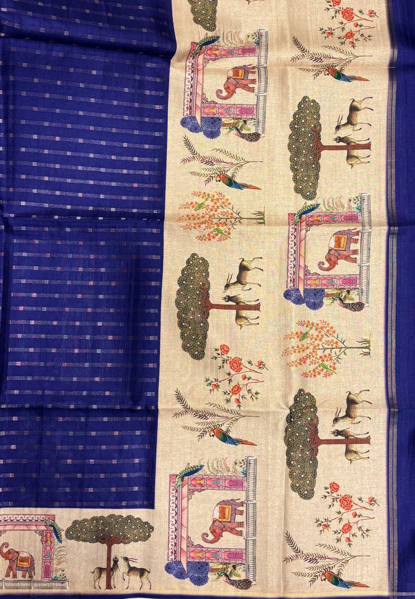 Semi Tussar Saree-French Blue in Vanam Kalamkari Border