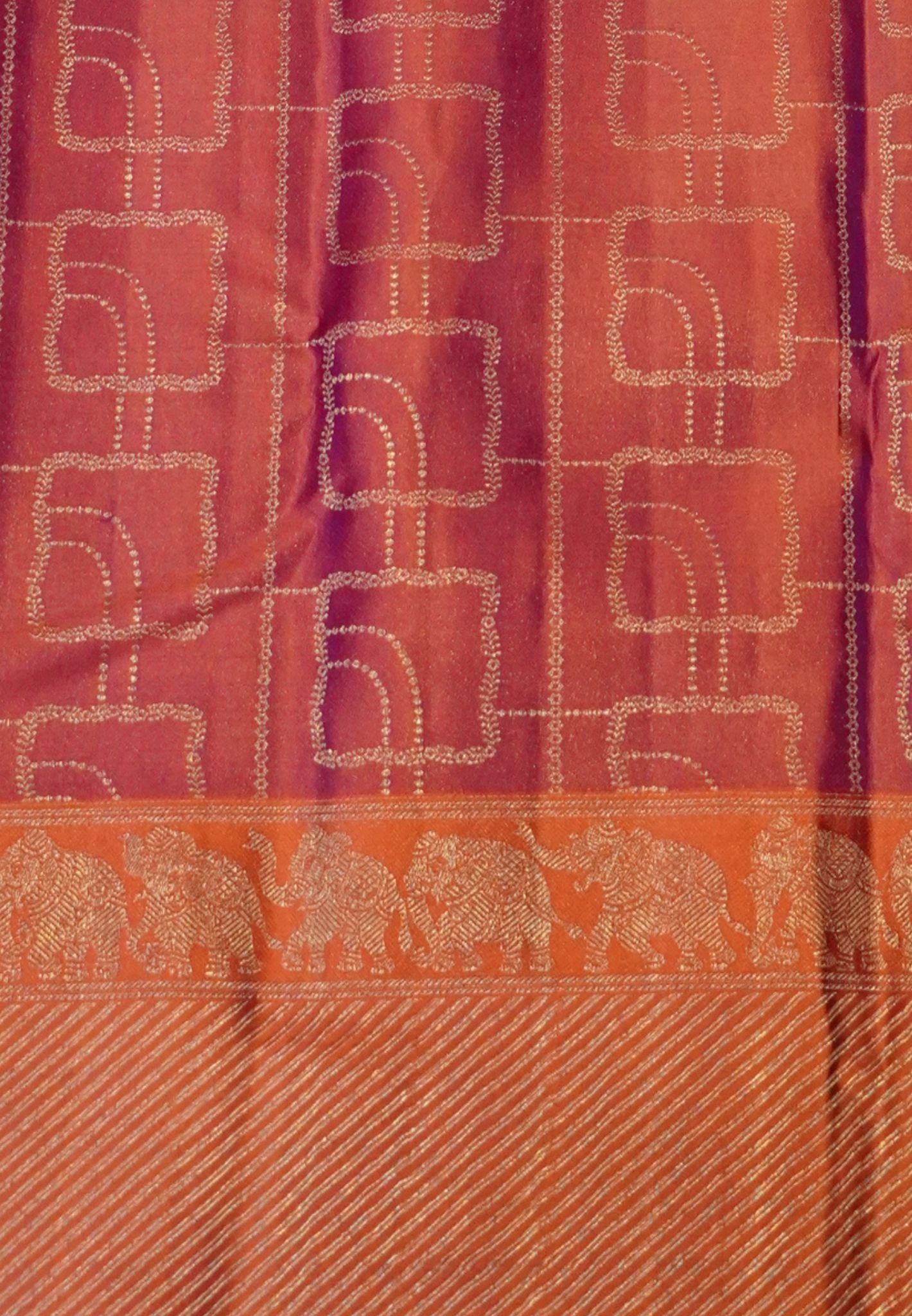 Pure Kanchipuram Silk Saree- Sunset Orange with Architectural motif
