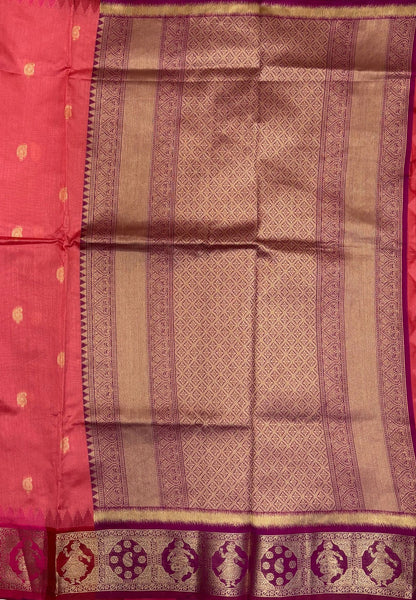 Raw Silk Saree-Redish Peach In Floral Medallion Brocade Border