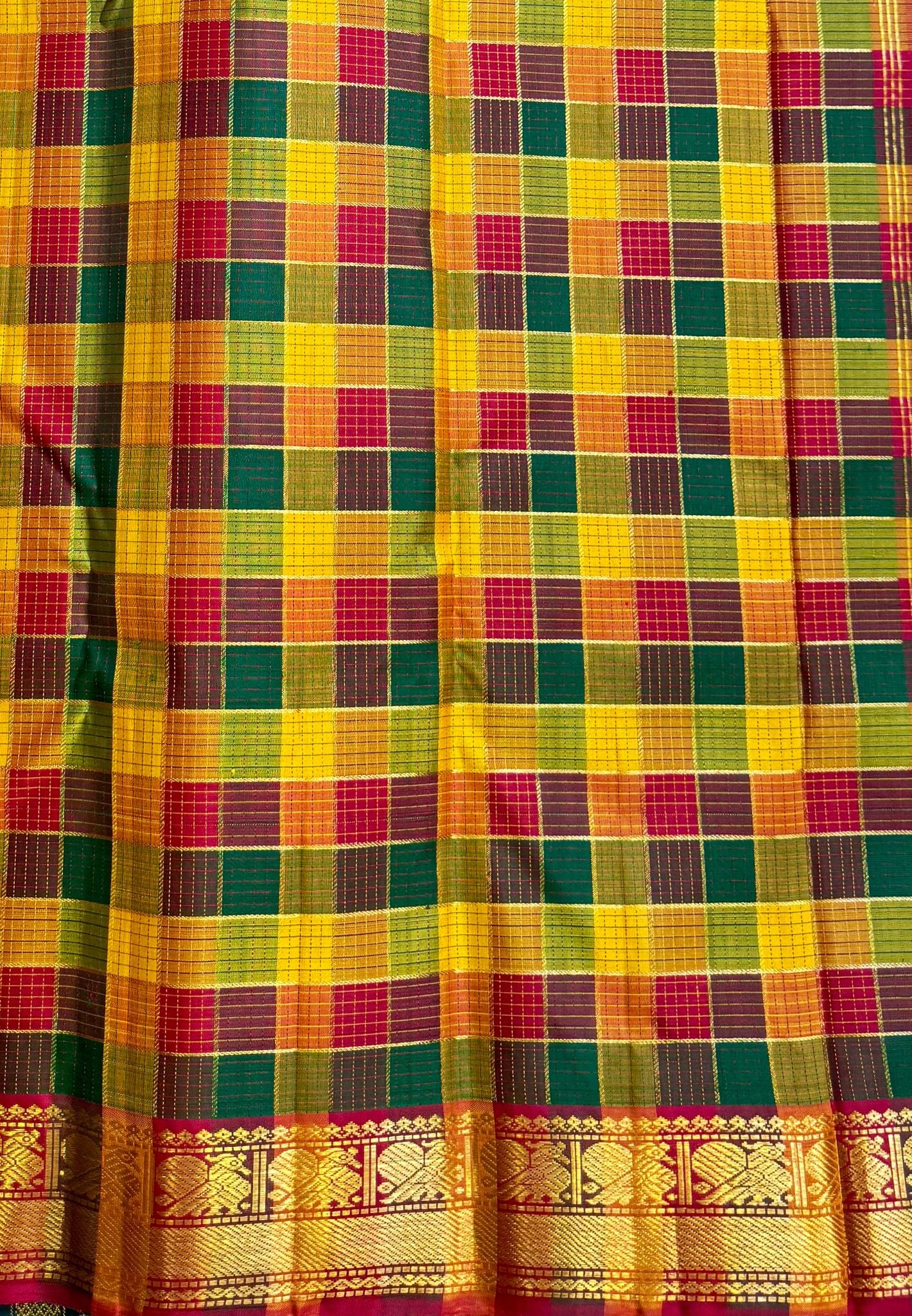 Pure Kanchipuram Silk Saree-Maroon in Traditional Checks with Peacock Zari Border