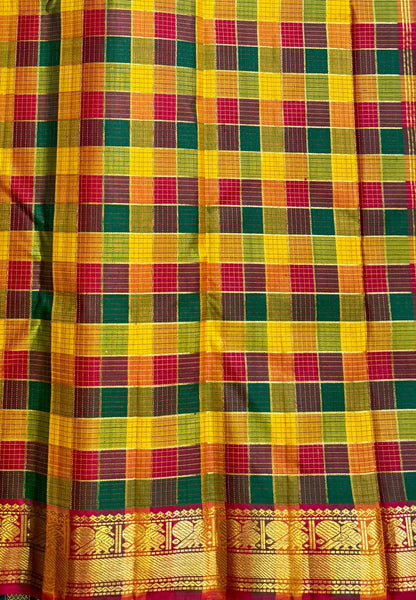 Pure Kanchipuram Silk Saree-Maroon in Traditional Checks with Peacock Zari Border