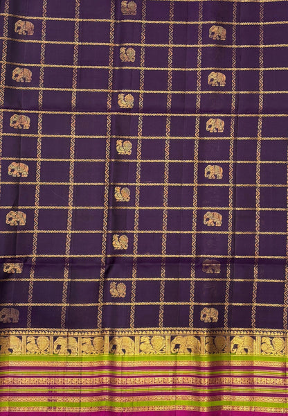 Pure Kanchipuram Silk Saree-Purple in Checkered Mayil Chakram with Varisapet Border