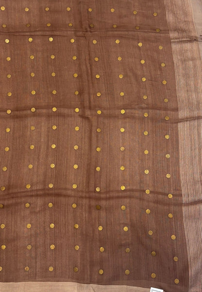 Pure Moonga Cotton Saree-Brown in Coin Butta with Striped Border
