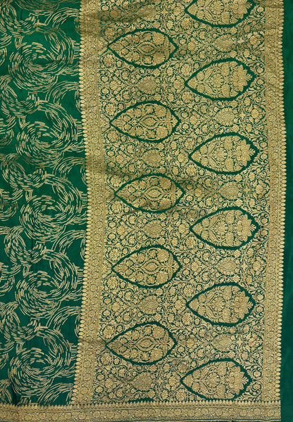 Pure Banarasi Kaddi Georgette Saree-Green In Paisley Floral Jaal Zari Border