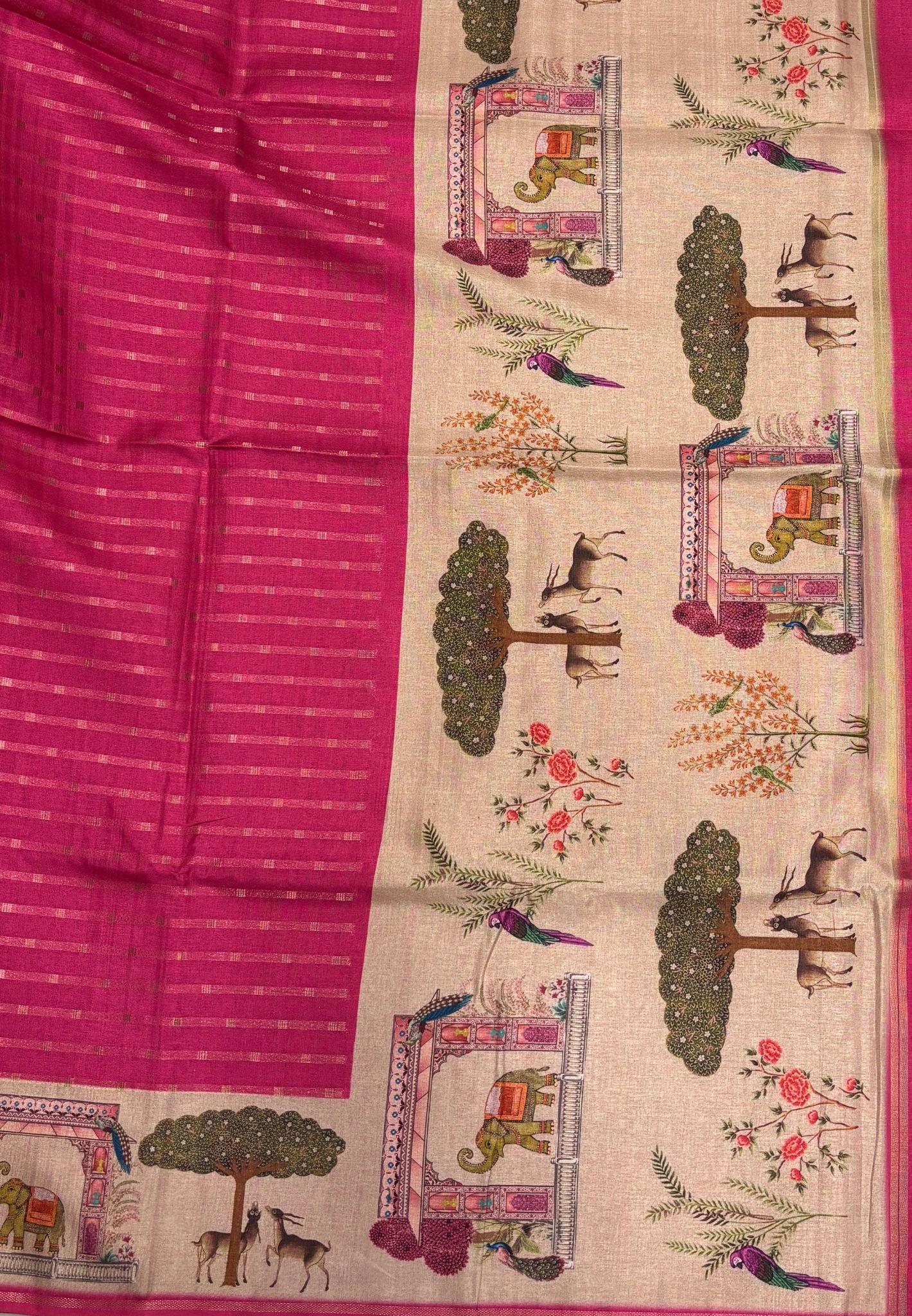 Semi Tussar Saree-Pink in Vanam Kalamkari Border