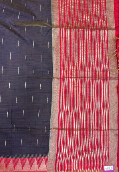 Semi Tussar Saree-Navy Blue in Tower Pattern Border