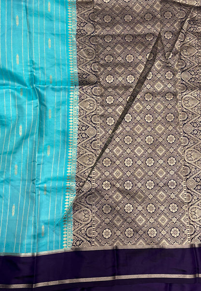 Gaji Silk Saree-Sky Blue in Intricate Geometric Floral Zari with Contrast Border