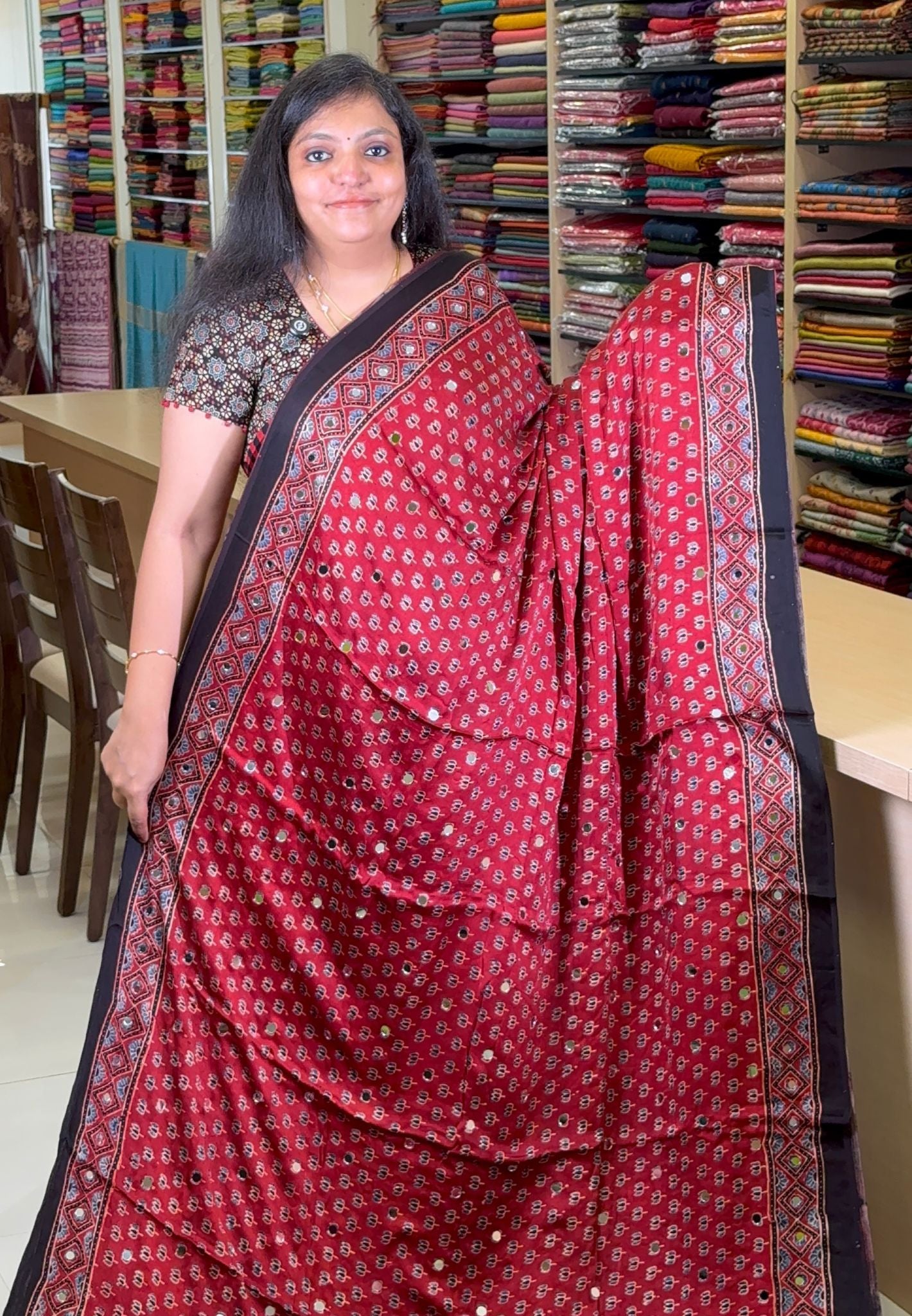Pure Modal Silk Saree-Original Mirror Work &Traditional Printed Motifs - Red