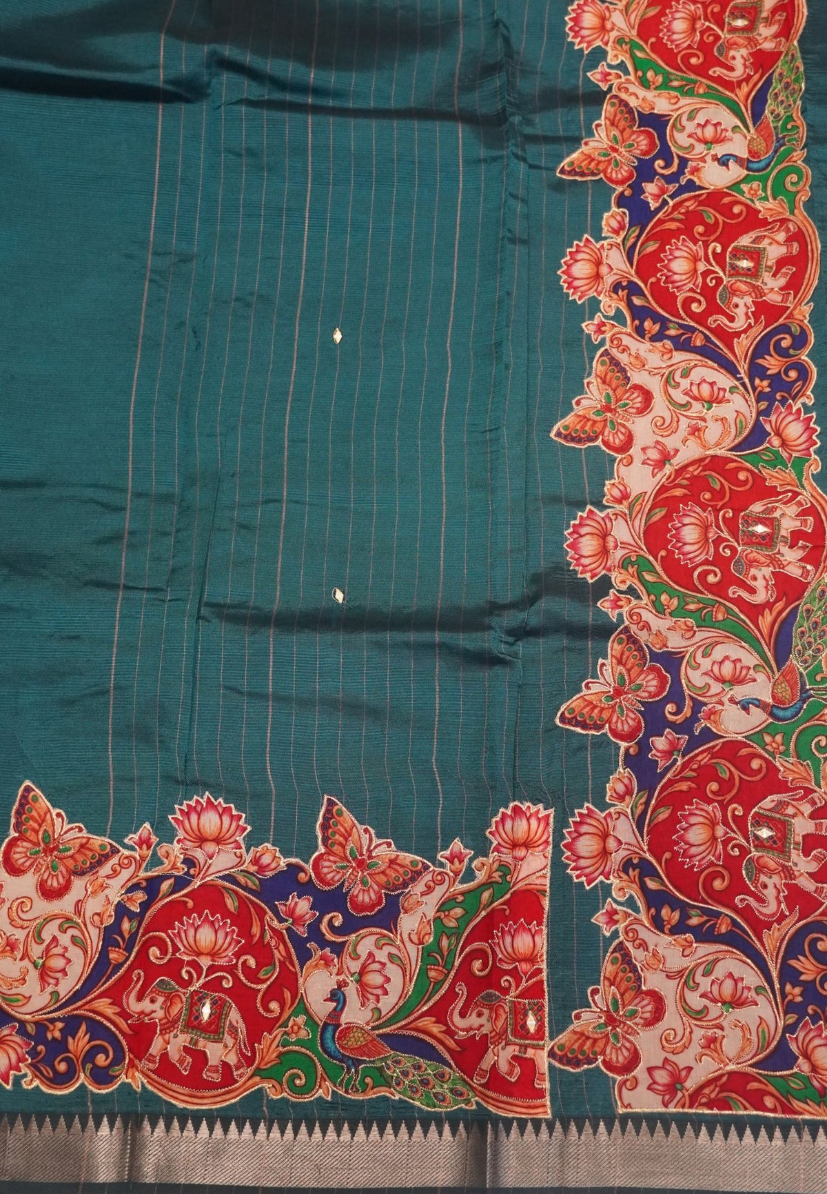 Pure Mangalgiri Silk Saree- Peacock Green with Appliqué Work