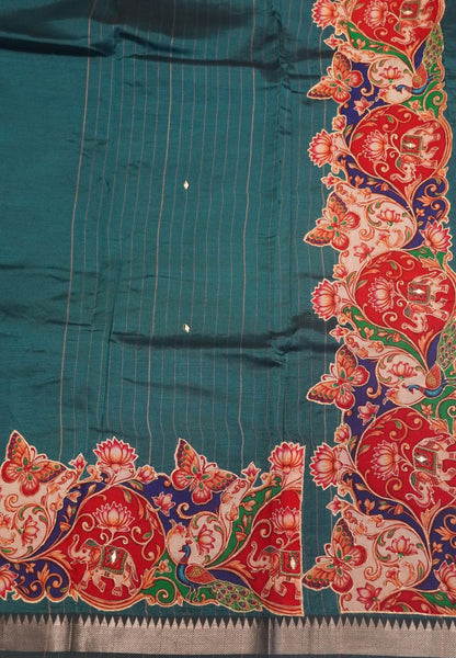 Pure Mangalgiri Silk Saree- Peacock Green with Appliqué Work