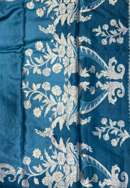 Garden Tussar Saree-Blue in Floral Jaal Embroidery Border