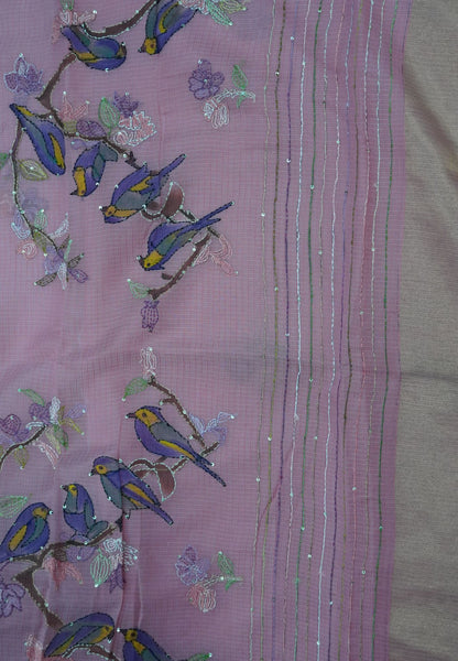 Kota Saree with Bird Embroidery Work - Peach