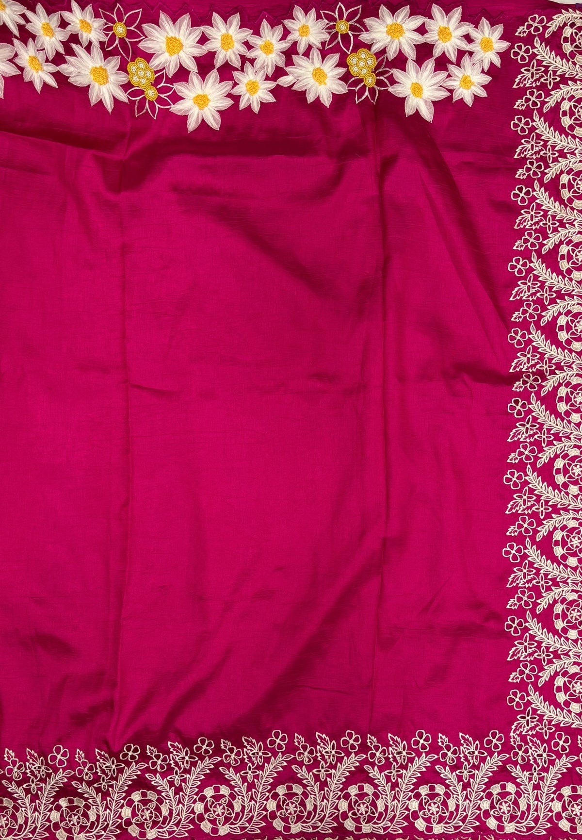 Rsian Silk Saree-Rani Pink In Daisy Floral Embroidery Border