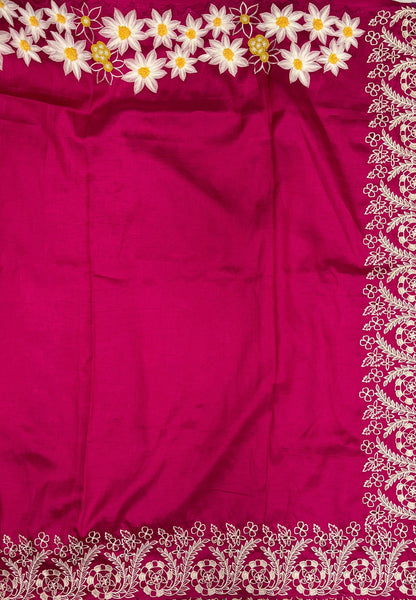 Rsian Silk Saree-Rani Pink In Daisy Floral Embroidery Border