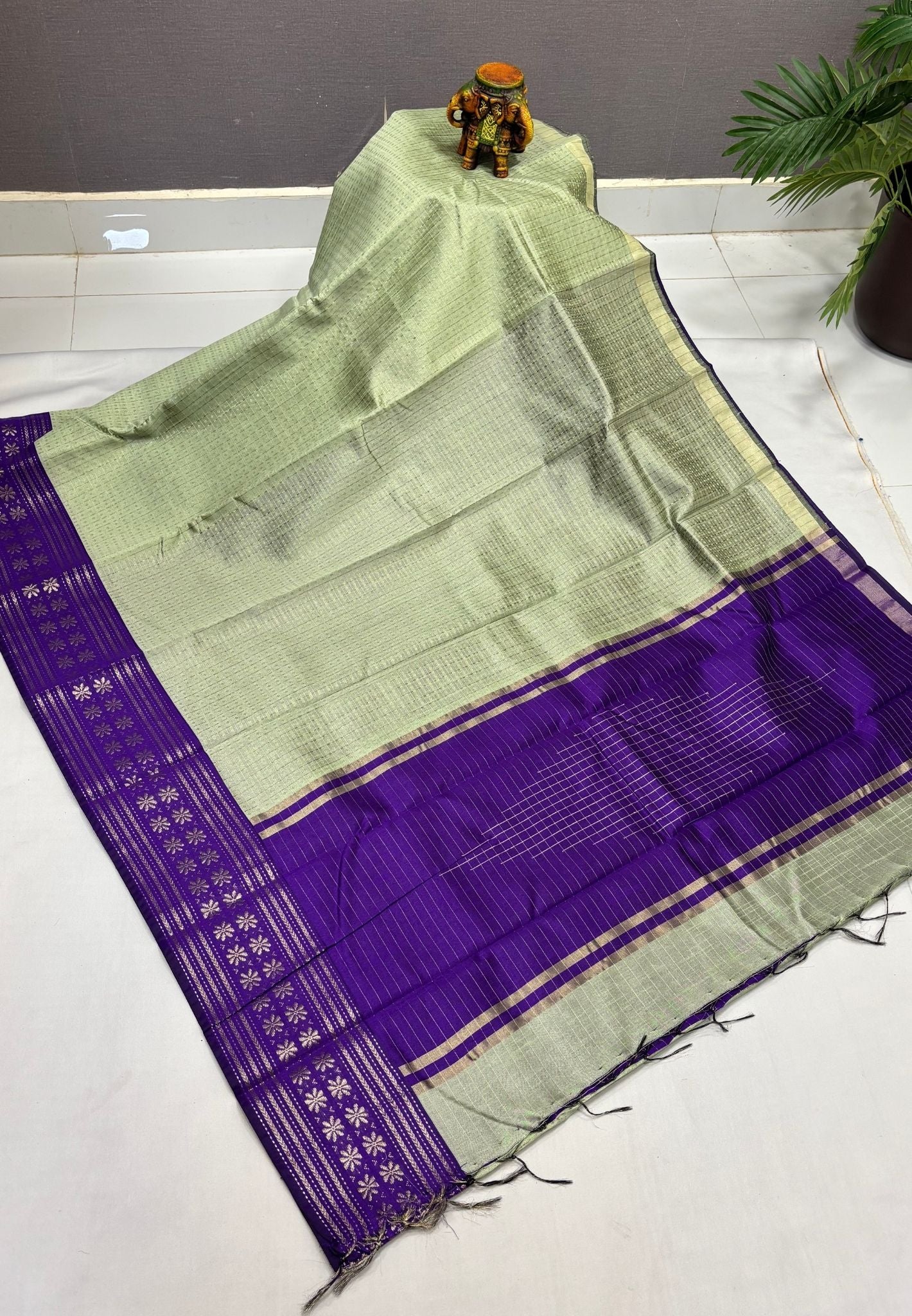 Raw Silk Saree-Elachi Green in 1000 Butta with Contrast Zari Border