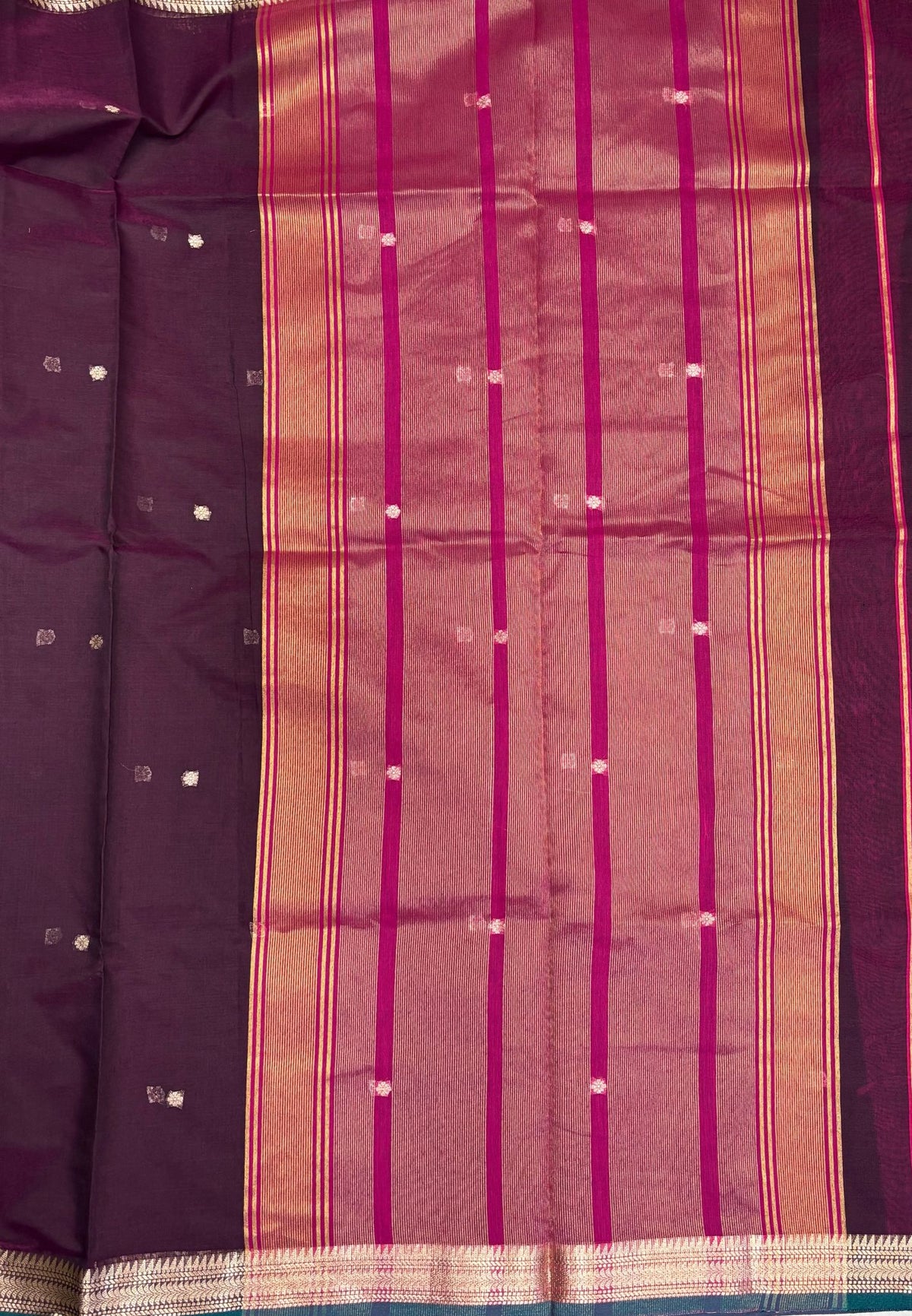 Semi Maheswari Saree-Wine In Horizontal Stripe Zari With Contrast Border