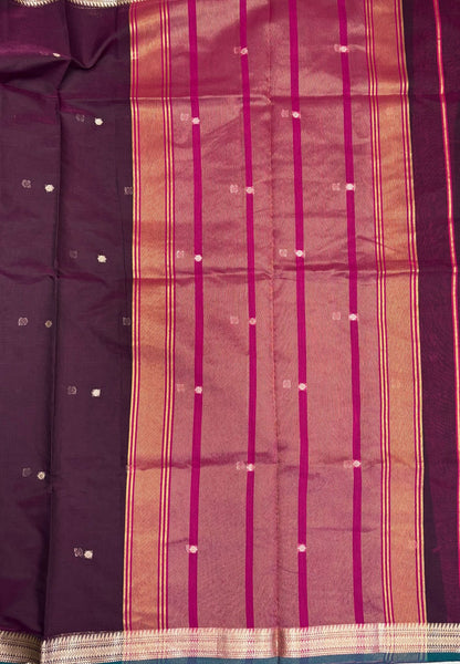 Semi Maheswari Saree-Wine In Horizontal Stripe Zari With Contrast Border